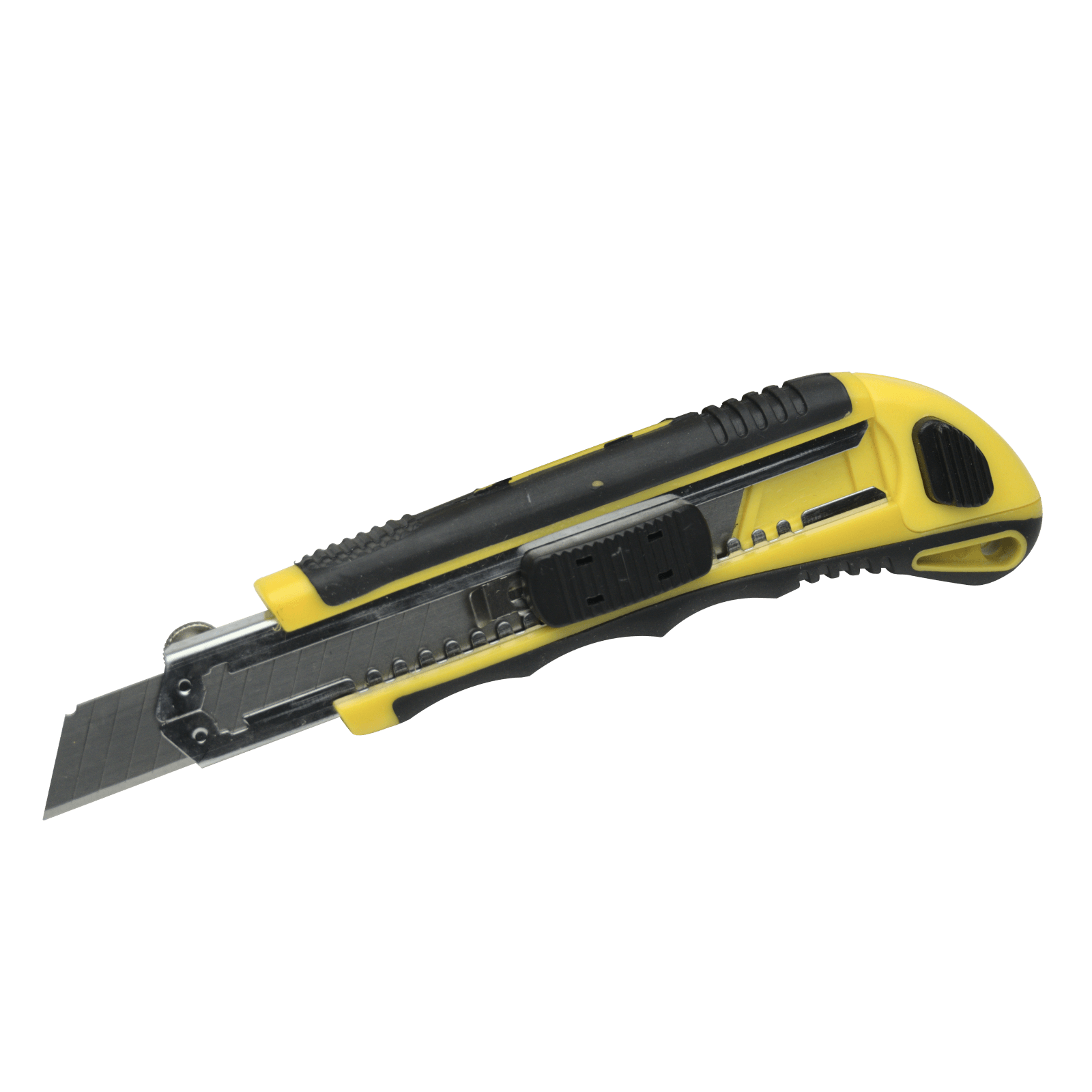 18mm utility knife, black and yellow, rubber handle, hard plastic case